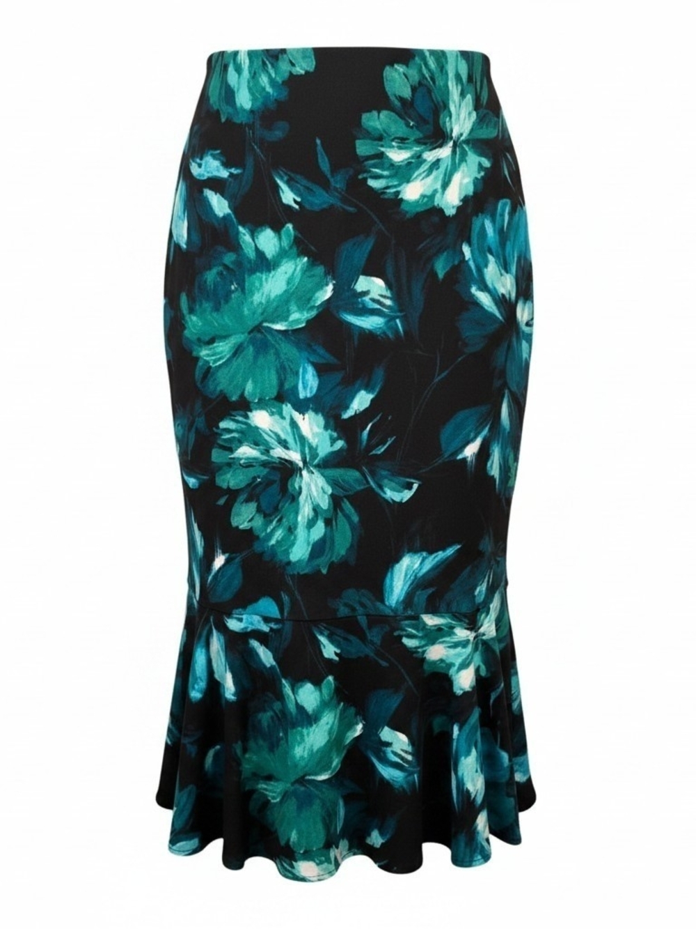 Messini Floral Black & Teal Pencil Skirt with Flounce Hem Size XL